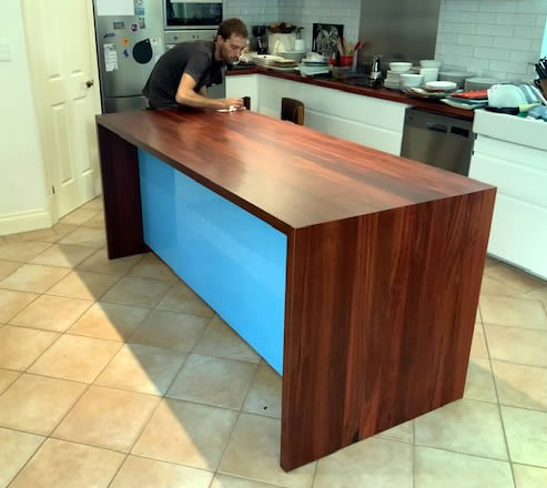 Waterfall Island kitchen bench top, jarrah recycled
